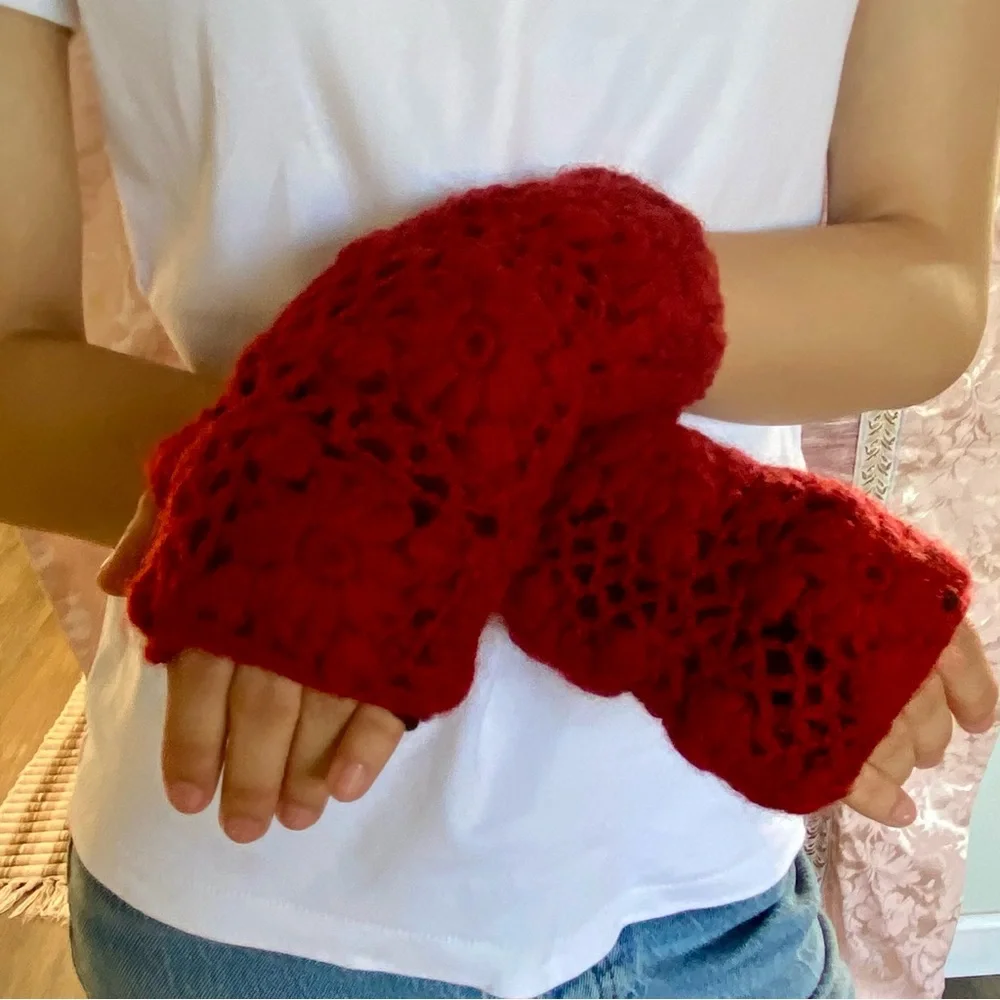 Pure Wool Hand Crochet Fingerless Gloves Lined